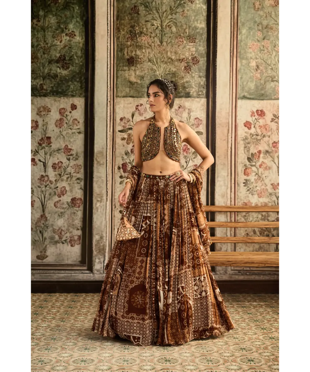 DIYARAJVVIR- Caramel Embroidered Halter Blouse with Printed Lehenga Set